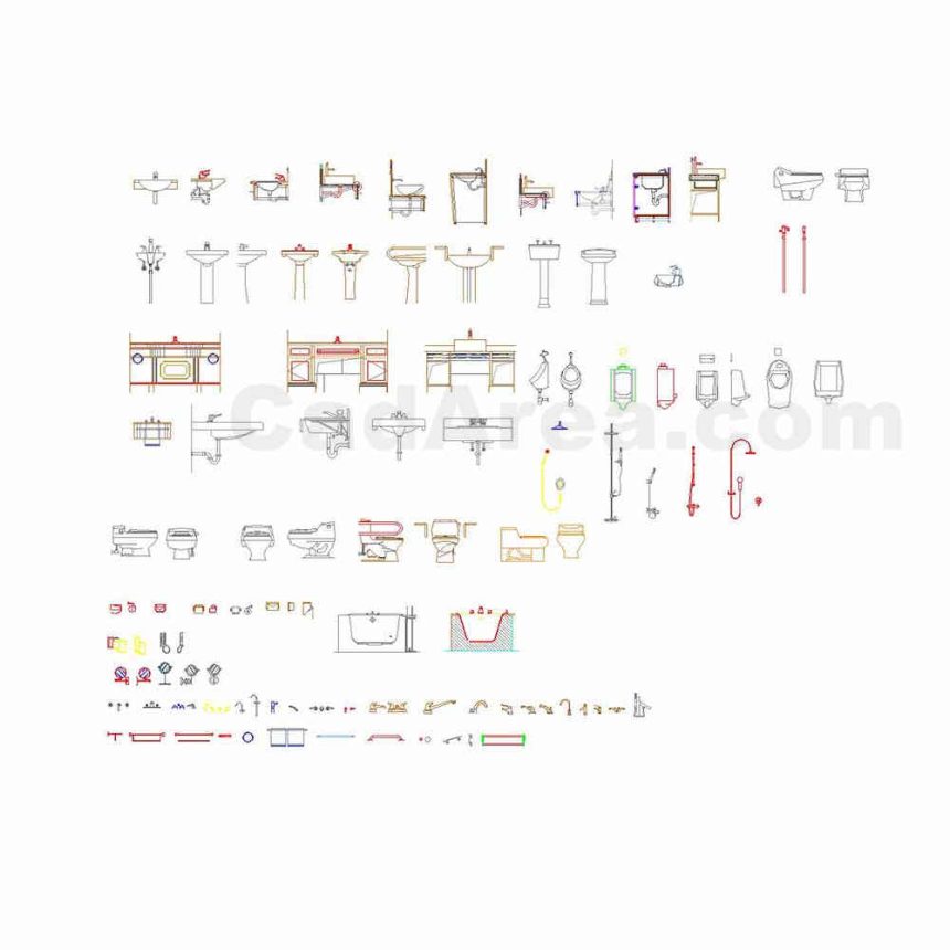 Wash basin toilet urinal shower bathtub faucet autocad block CadArea